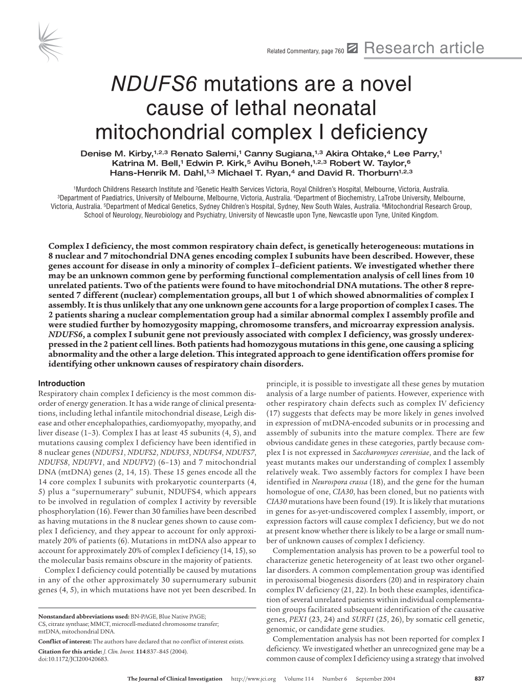 NDUFS6 Mutations Are a Novel Cause of Lethal Neonatal Mitochondrial Complex I Deficiency Denise M
