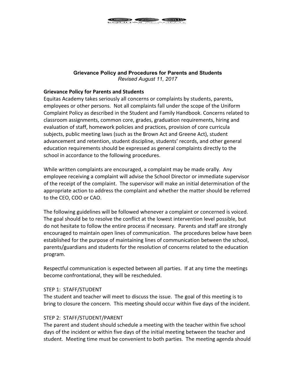 Grievance Policy and Procedures for Parents and Students