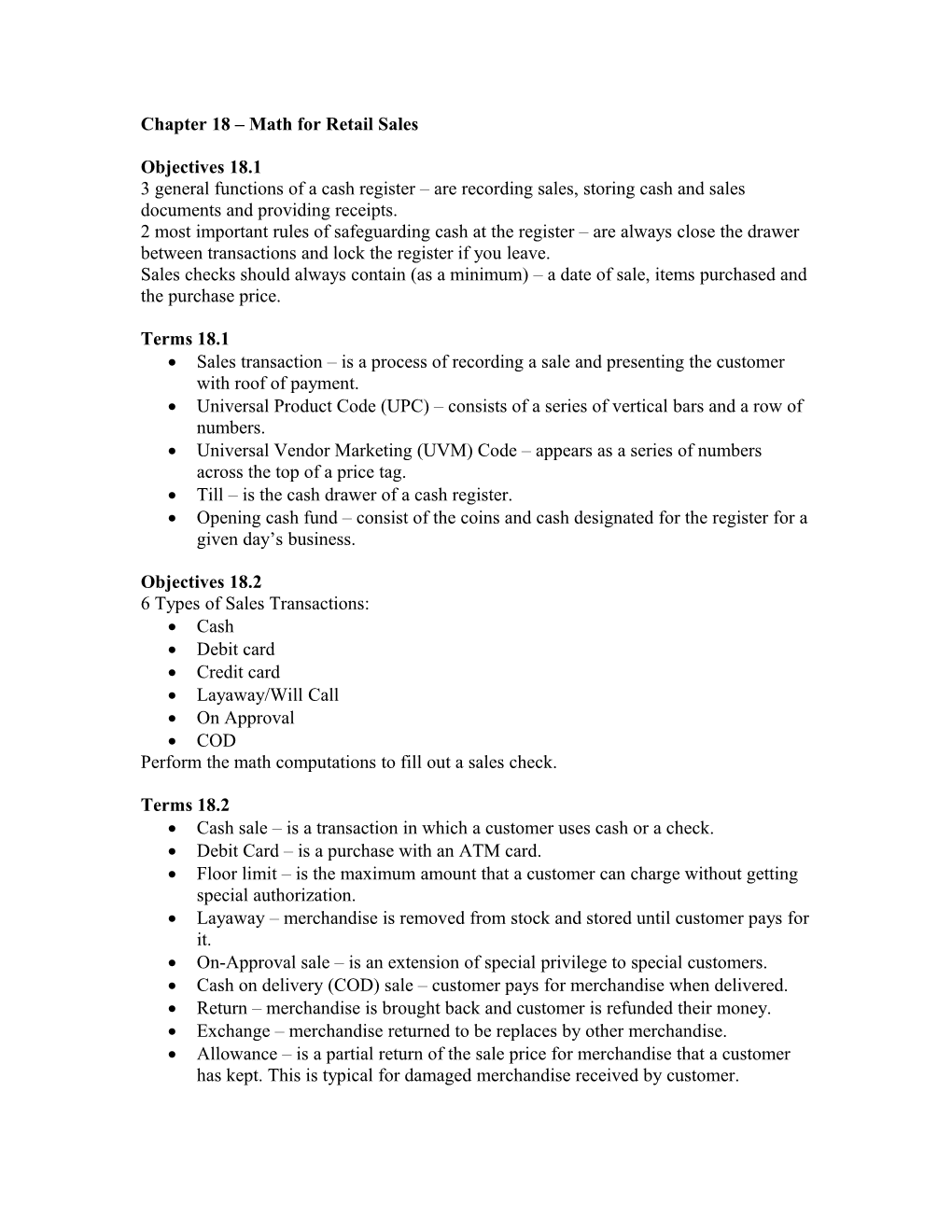 Chapter 18 Math for Retail Sales