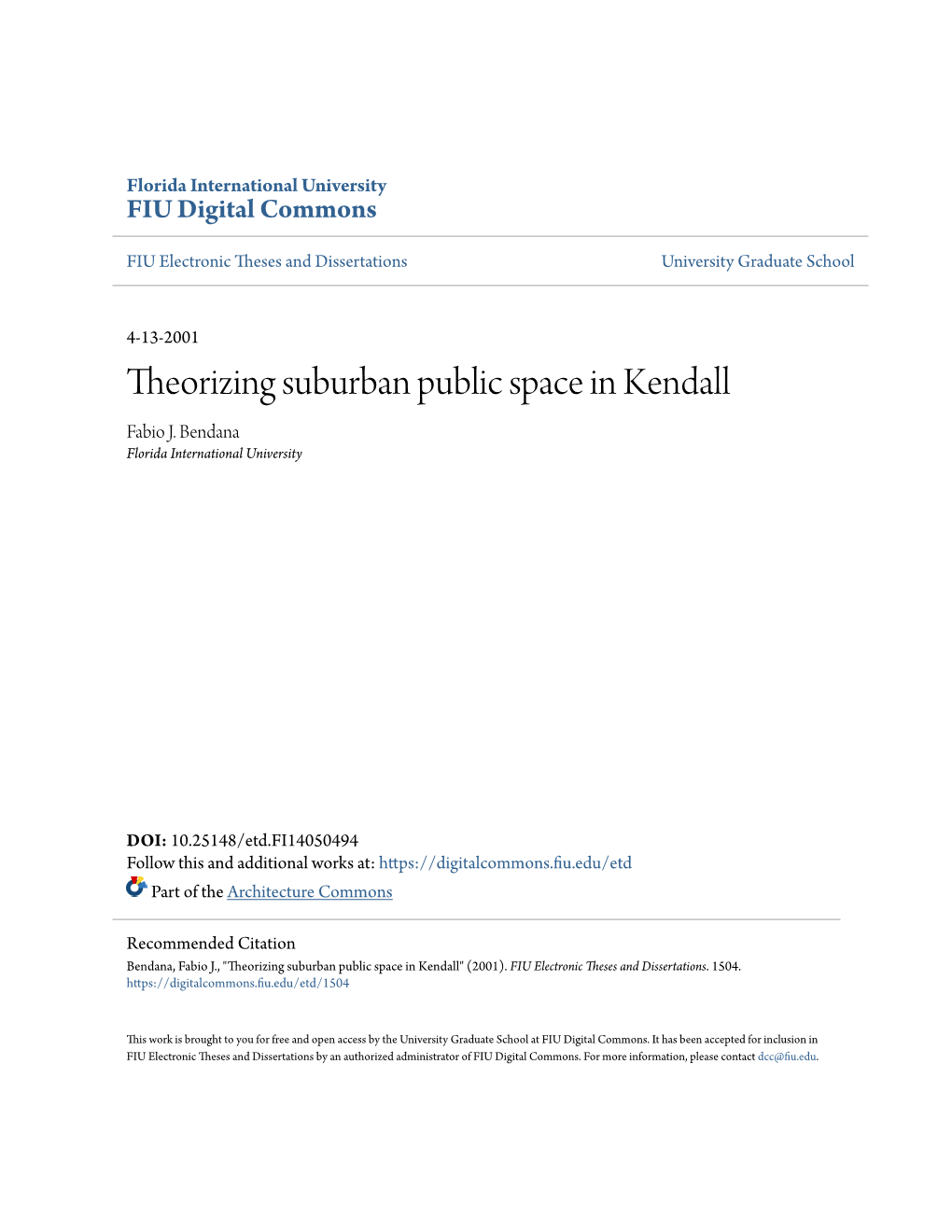 Theorizing Suburban Public Space in Kendall Fabio J