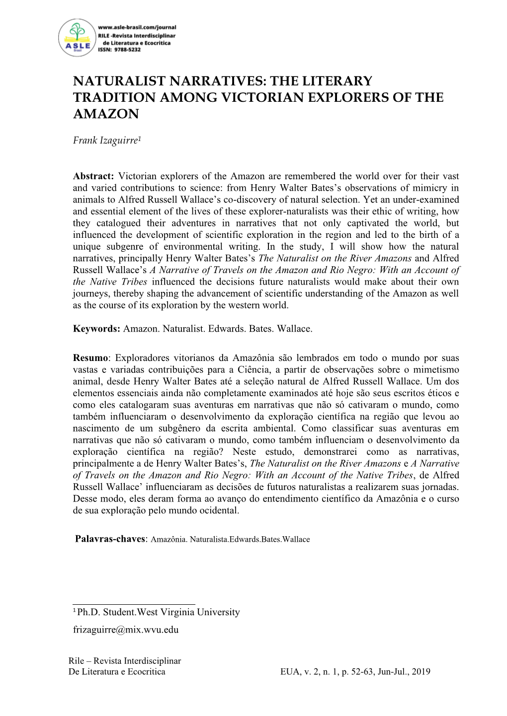 Naturalist Narratives: the Literary Tradition Among Victorian Explorers of the Amazon