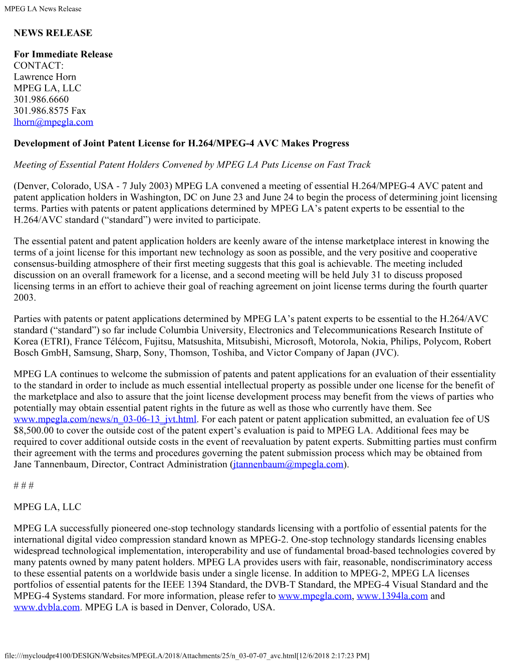 MPEG LA News Release