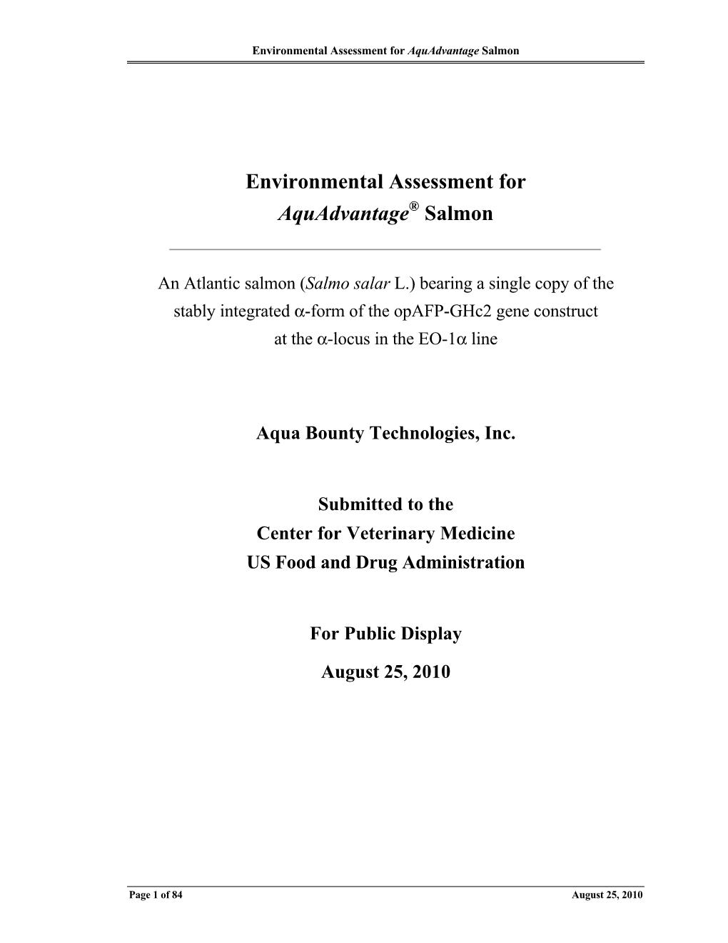 Environmental Assessment for Aquadvantage ® Salmon