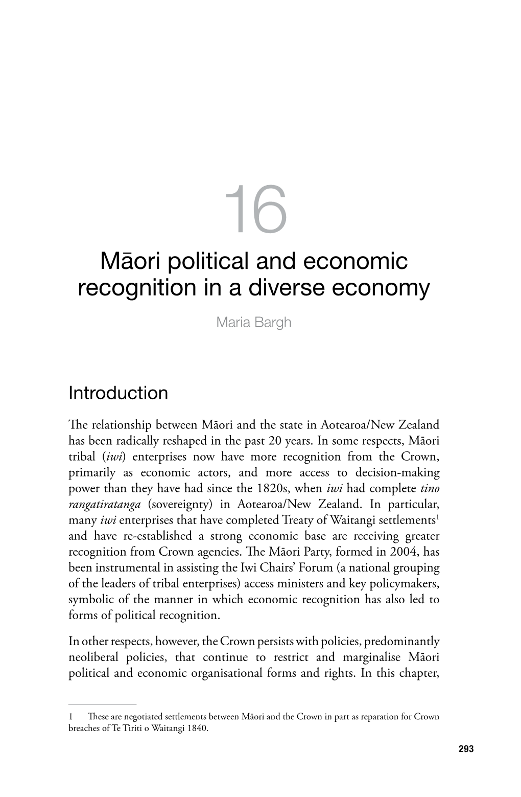 16. Māori Political and Economic Recognition in a Diverse Economy