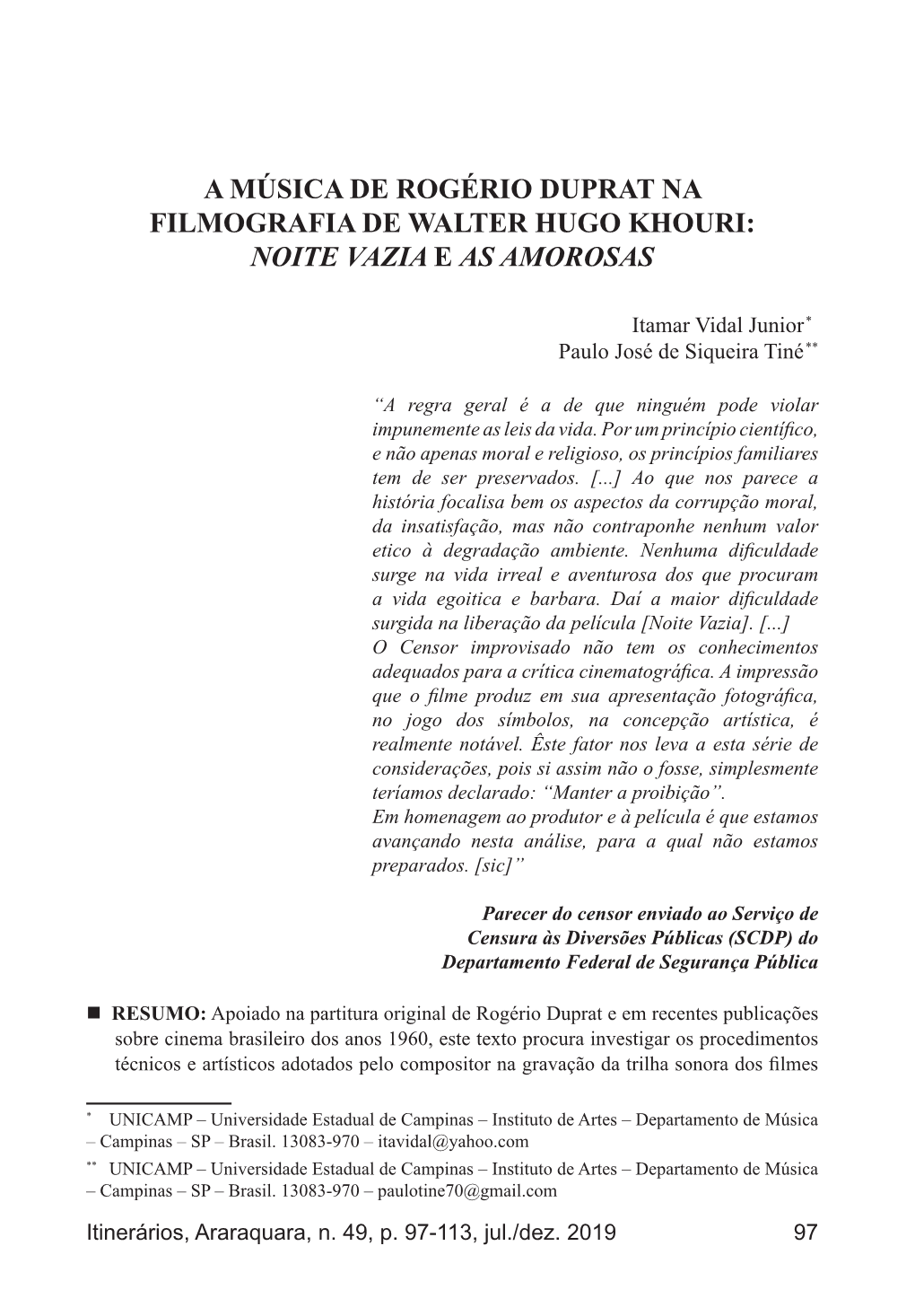 A Música De Rogério Duprat Na Filmografia De Walter Hugo Khouri: Noite Vazia E As Amorosas