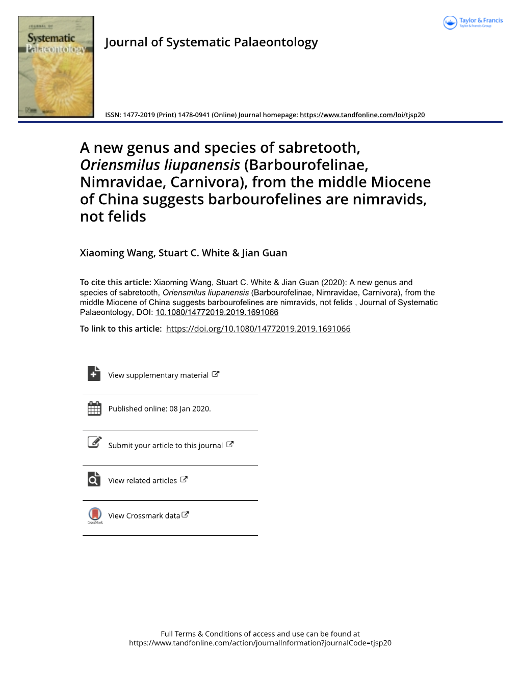 A New Genus and Species of Sabretooth, Oriensmilus Liupanensis