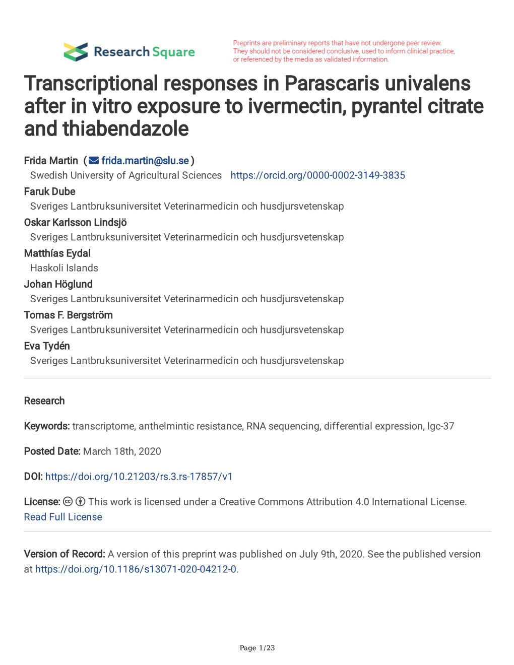 Parascaris Univalens After in Vitro Exposure to Ivermectin, Pyrantel Citrate and Thiabendazole