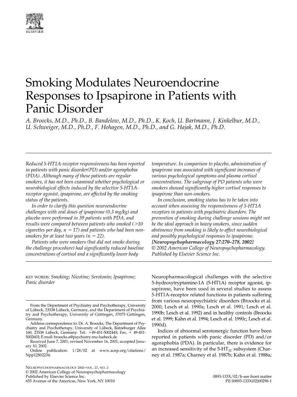 Smoking Modulates Neuroendocrine Responses to Ipsapirone in Patients with Panic Disorder A