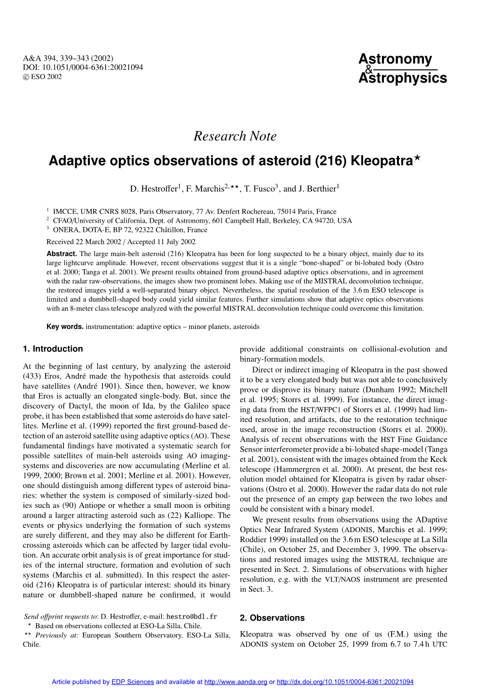 Adaptive Optics Observations of Asteroid (216) Kleopatra