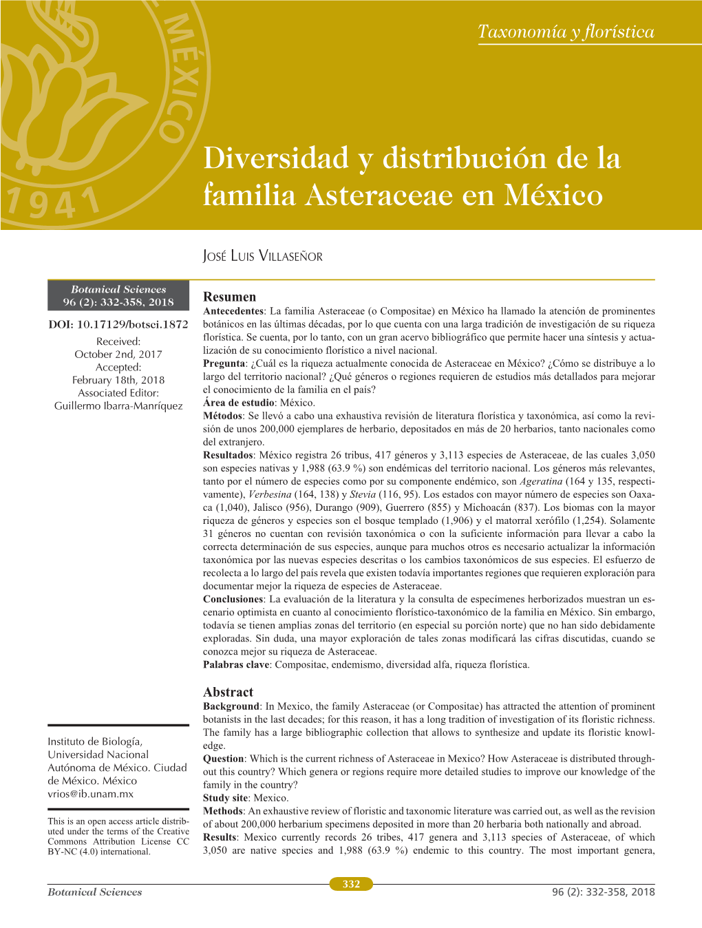 Diversidad Y Distribución De La Familia Asteraceae En México