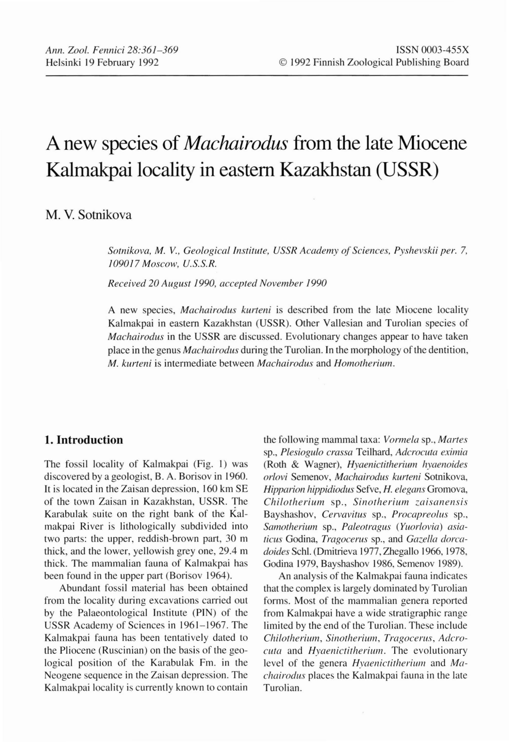 A New Species of Machairodus from the Late Miocene Kalmakpai Locality in Eastern Kazakhstan (USSR)