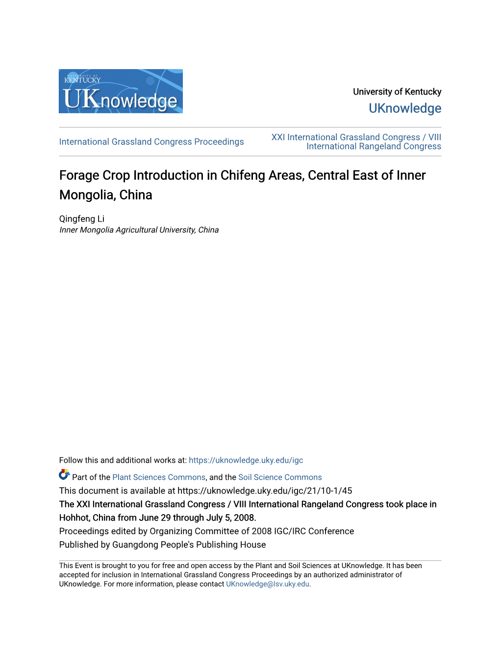 Forage Crop Introduction in Chifeng Areas, Central East of Inner Mongolia, China