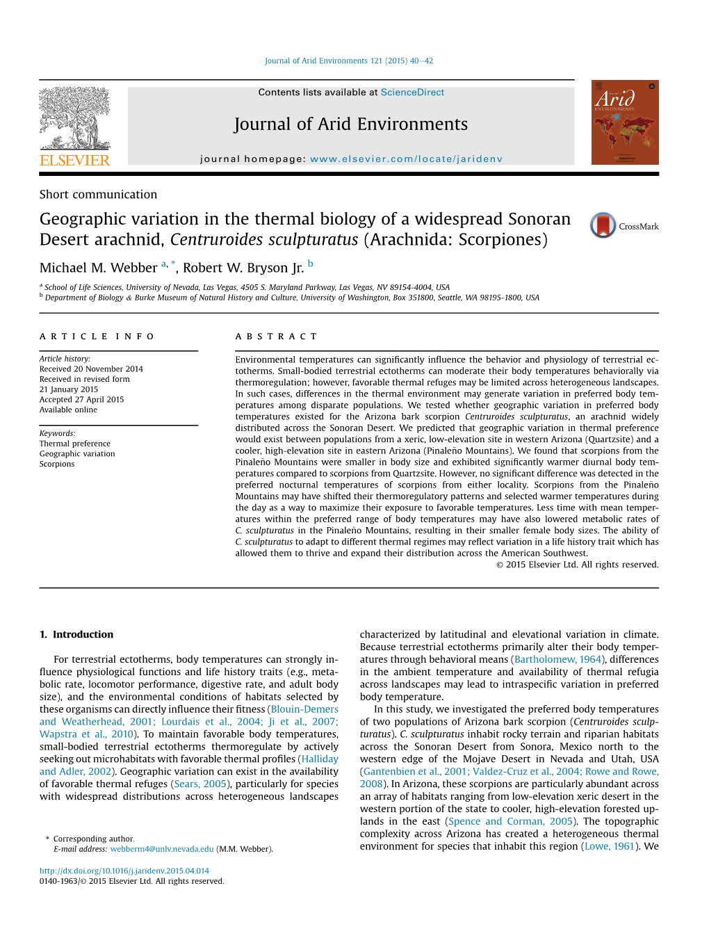 Geographic Variation in the Thermal Biology of a Widespread Sonoran Desert Arachnid, Centruroides Sculpturatus (Arachnida: Scorpiones)