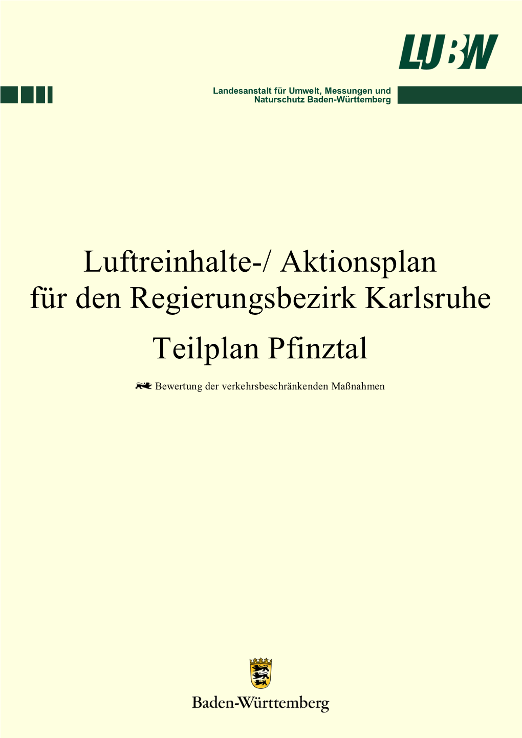 Luftreinhalte-/ Aktionsplan Für Den Regierungsbezirk Karlsruhe Teilplan Pfinztal