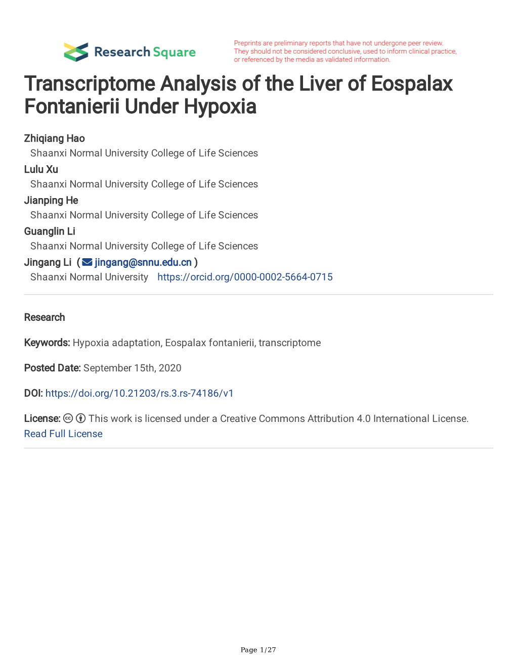 Transcriptome Analysis of the Liver of Eospalax Fontanierii Under Hypoxia