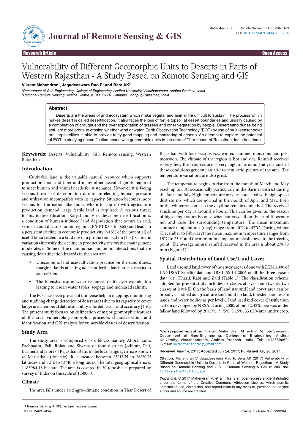 Vulnerability of Different Geomorphic Units to Deserts in Parts of Western