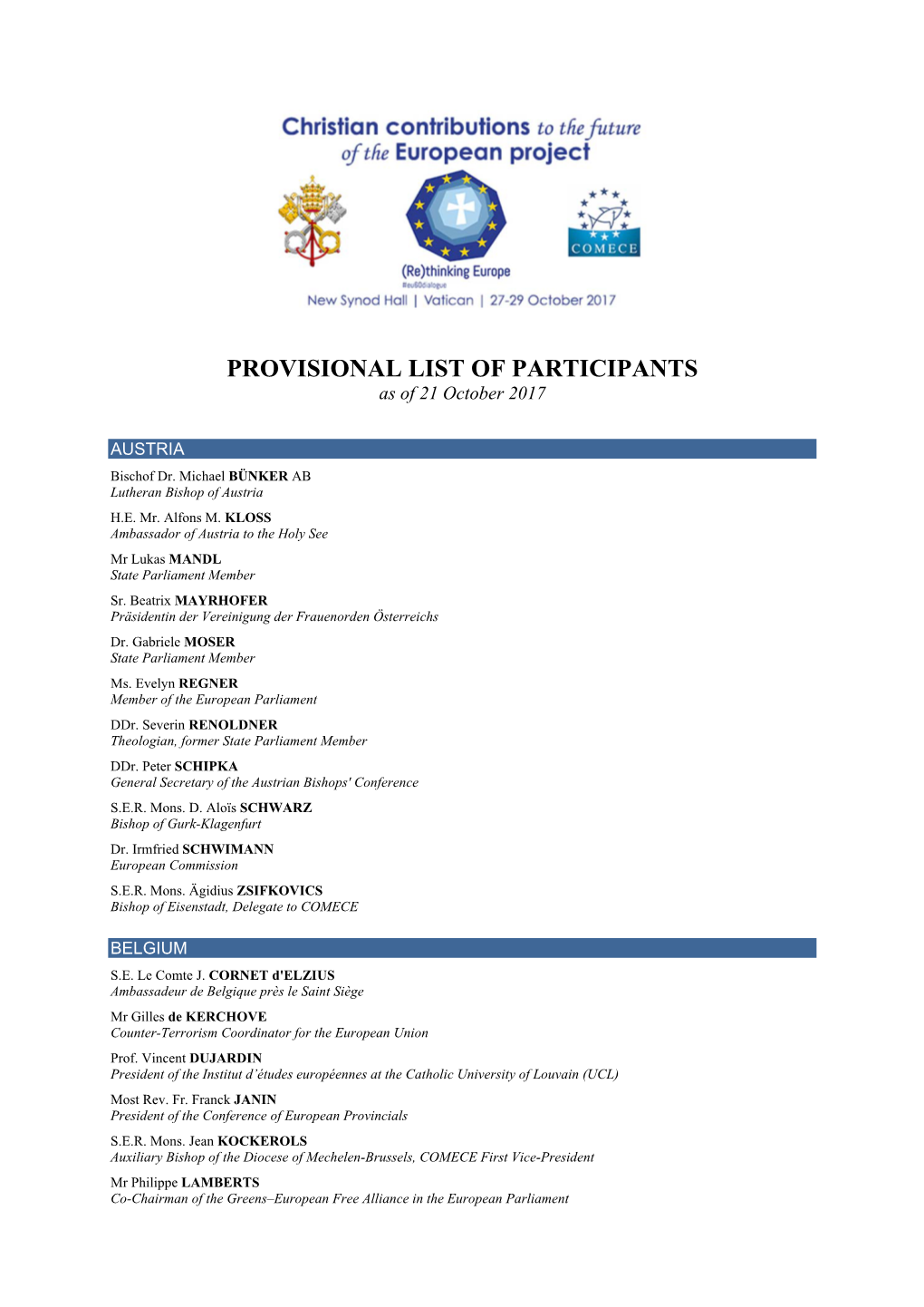 PROVISIONAL LIST of PARTICIPANTS As of 21 October 2017