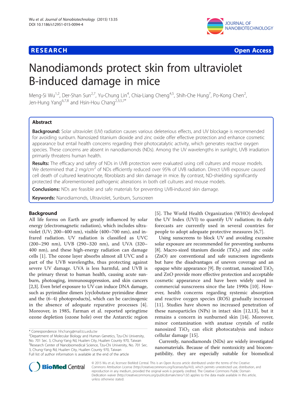 Nanodiamonds Protect Skin from Ultraviolet B-Induced Damage in Mice