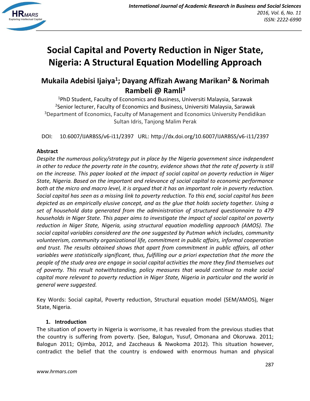 Social Capital and Poverty Reduction in Niger State, Nigeria: a Structural Equation Modelling Approach