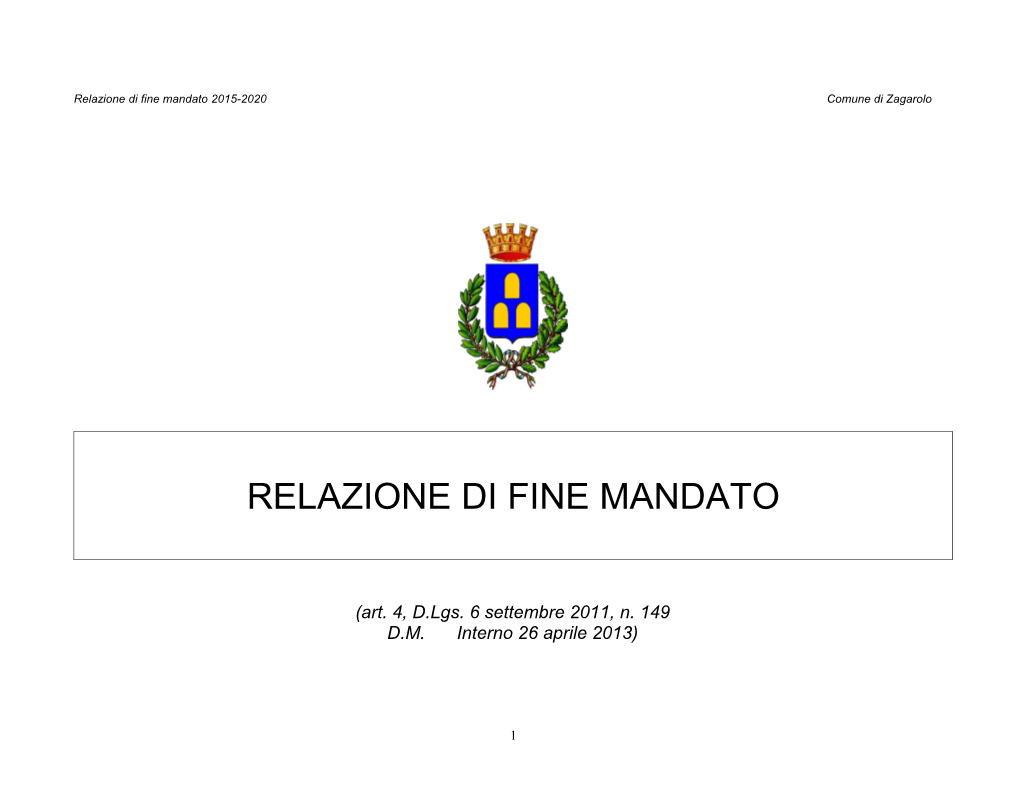 Relazione Di Fine Mandato 2015-2020 Comune Di Zagarolo