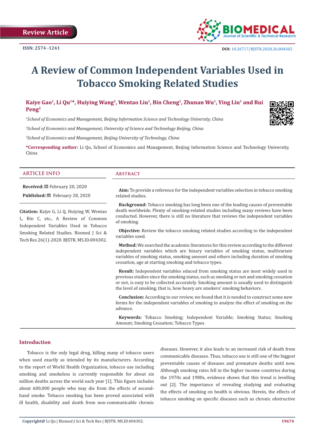 A Review of Common Independent Variables Used in Tobacco Smoking Related Studies