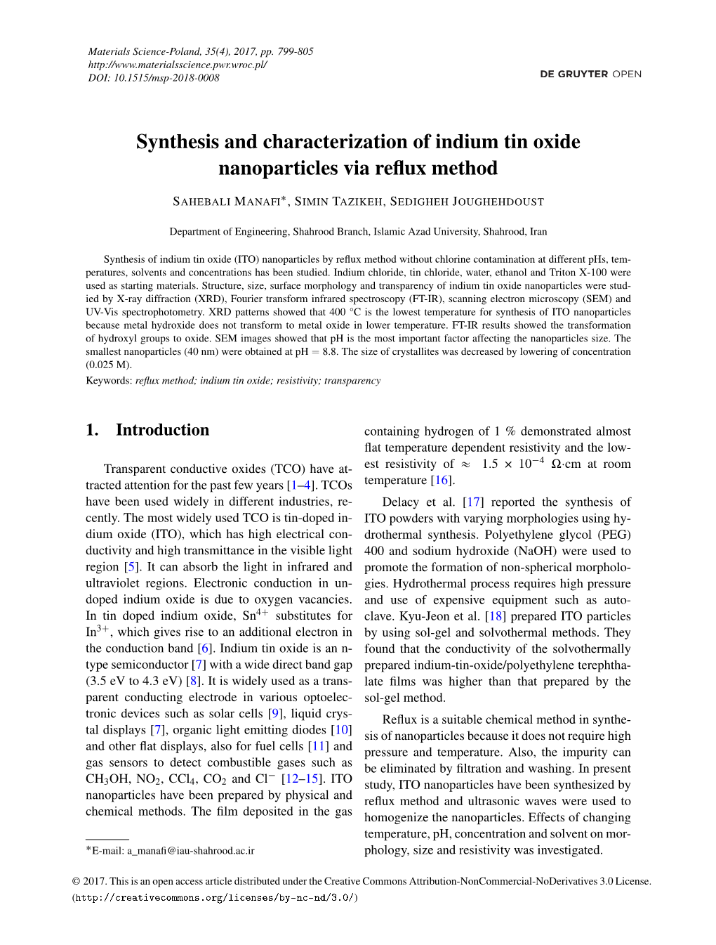 Synthesis and Characterization of Indium Tin Oxide Nanoparticles Via Reﬂux Method