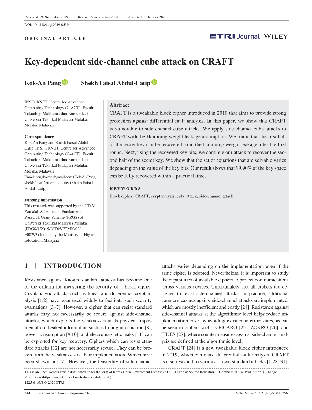 Key‐Dependent Side‐Channel Cube Attack on CRAFT