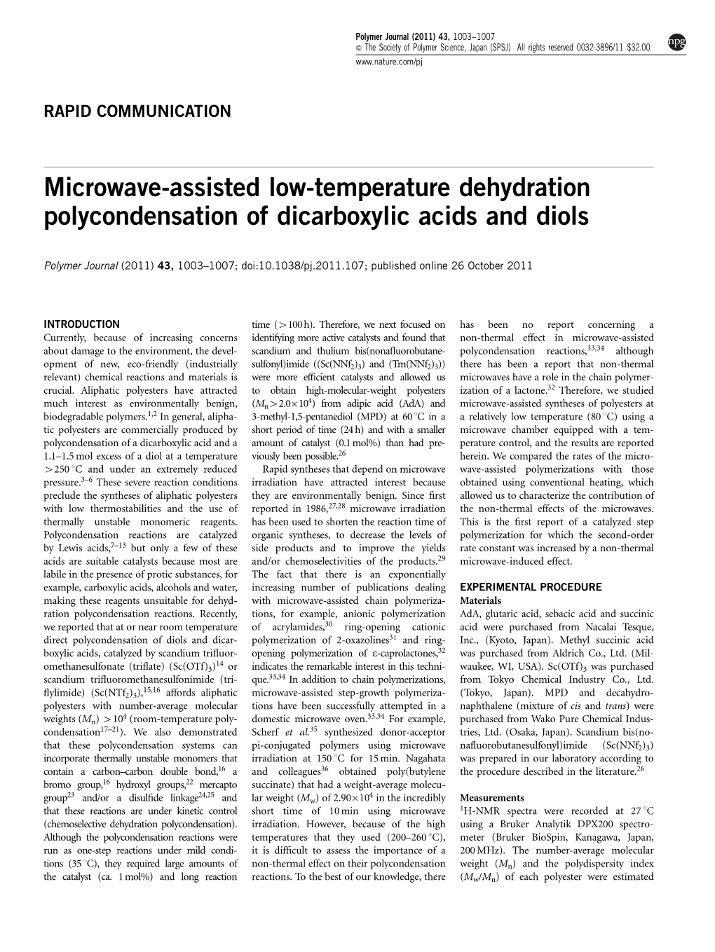 Microwave-Assisted Low-Temperature Dehydration Polycondensation of Dicarboxylic Acids and Diols