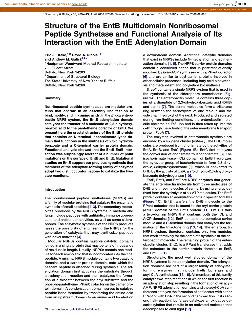 Structure of the Entb Multidomain Nonribosomal Peptide Synthetase and Functional Analysis of Its Interaction with the Ente Adenylation Domain