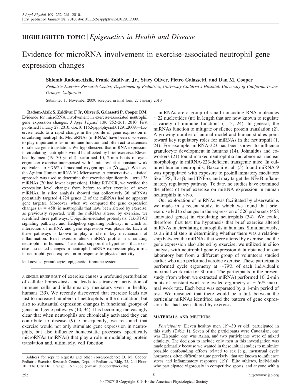 Evidence for Microrna Involvement in Exercise-Associated Neutrophil Gene Expression Changes