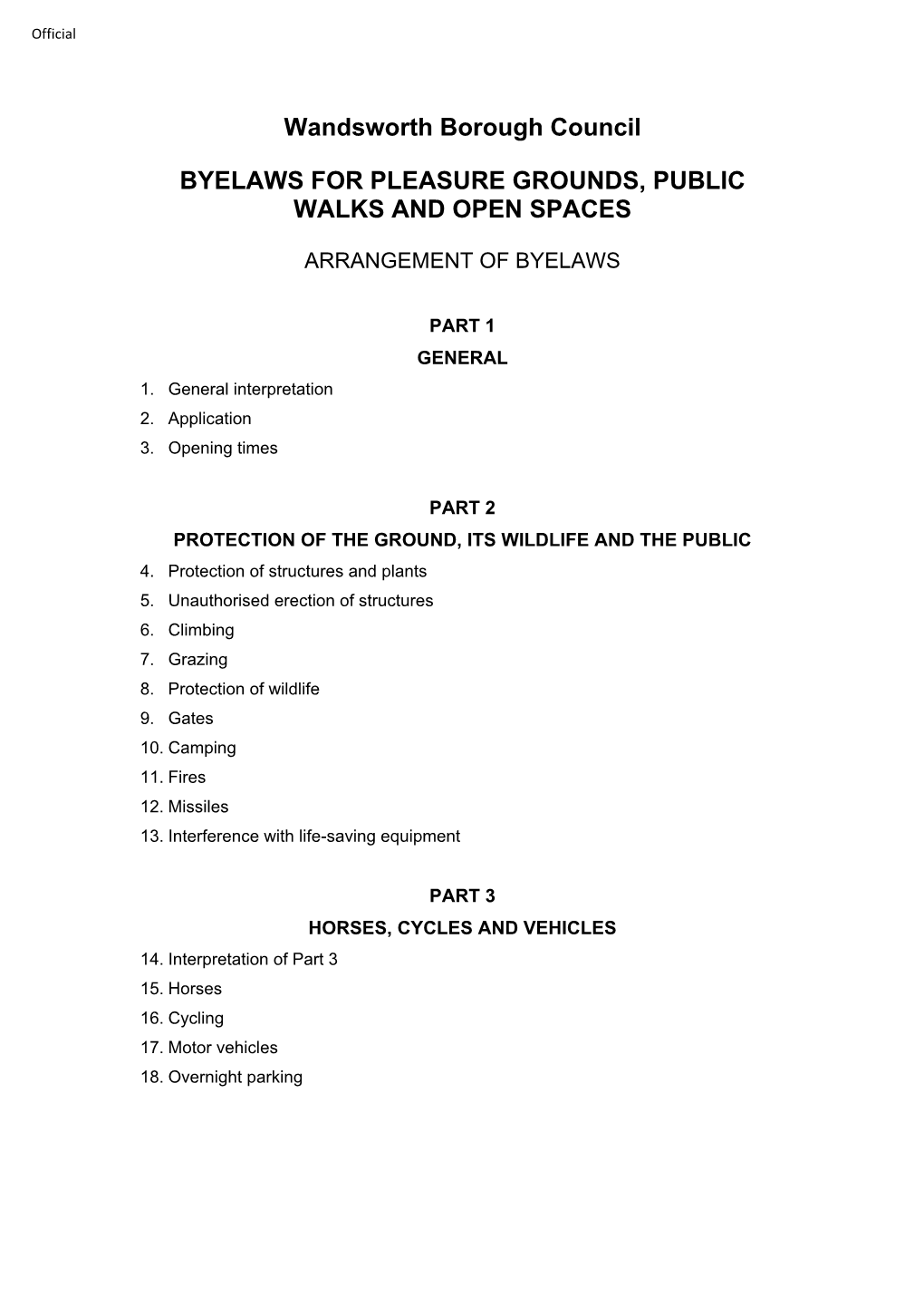 Wandsworth Council Parks and Open Spaces Byelaws