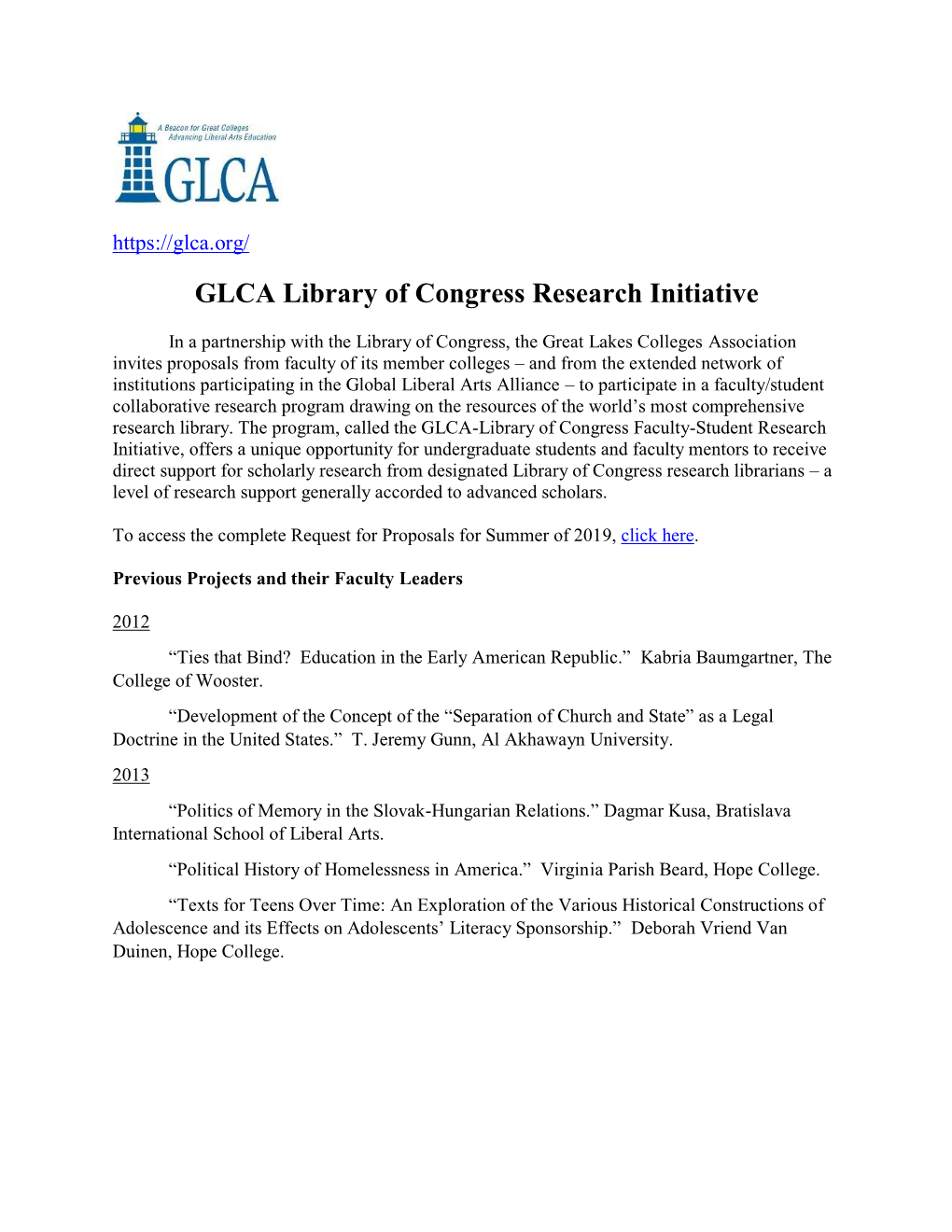 GLCA Library of Congress Research Initiative