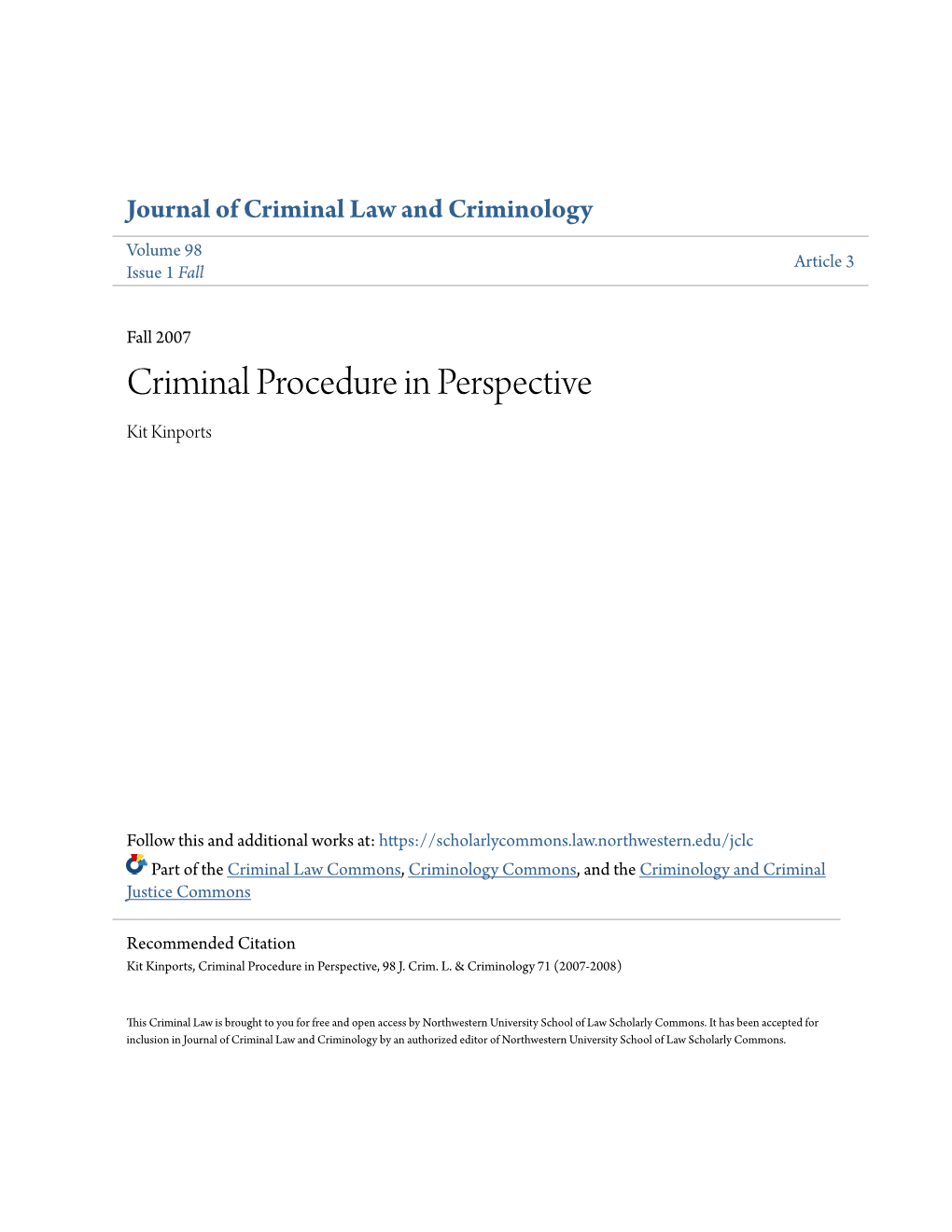 Criminal Procedure in Perspective Kit Kinports