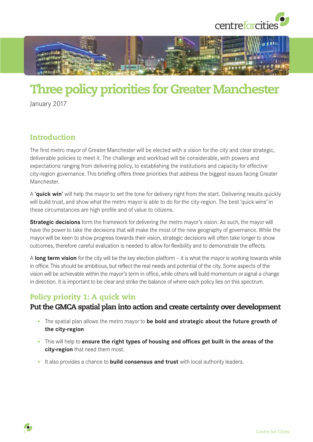 Three Policy Priorities for Greater Manchester January 2017