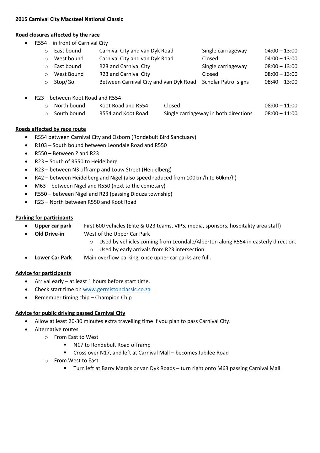 2015 Carnival City Macsteel National Classic Road Closures Affected By