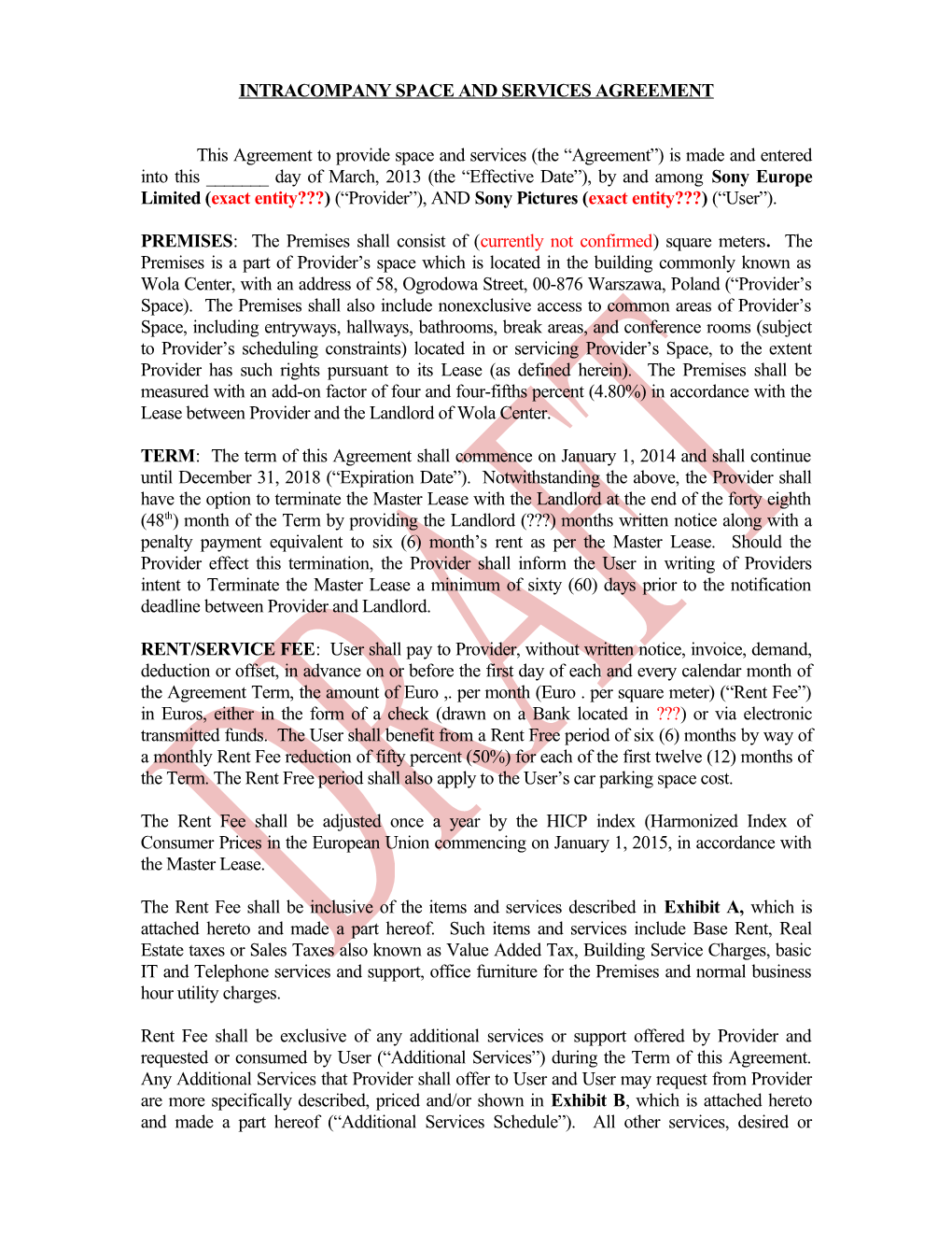 Intracompany Space and Services Agreement