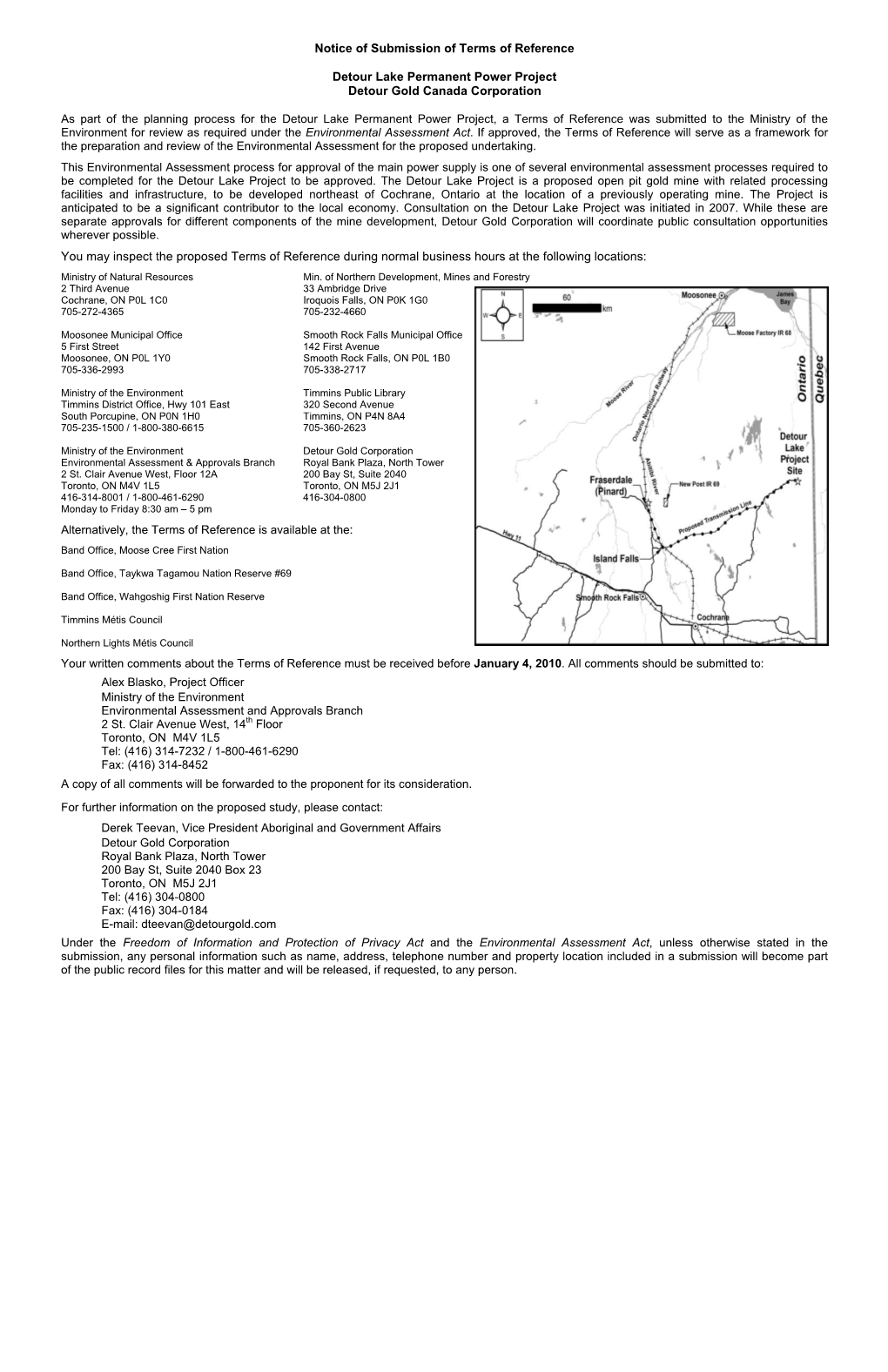 Notice of Commencement of Terms of Reference