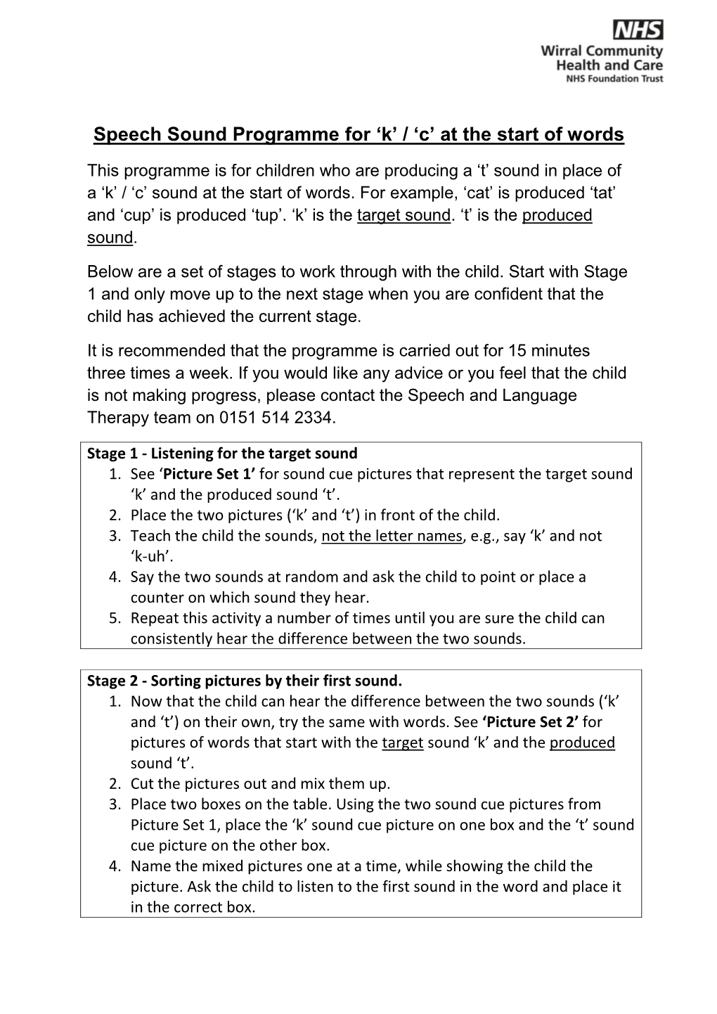 Speech Sound Programme for 'K' / 'C' at the Start of Words