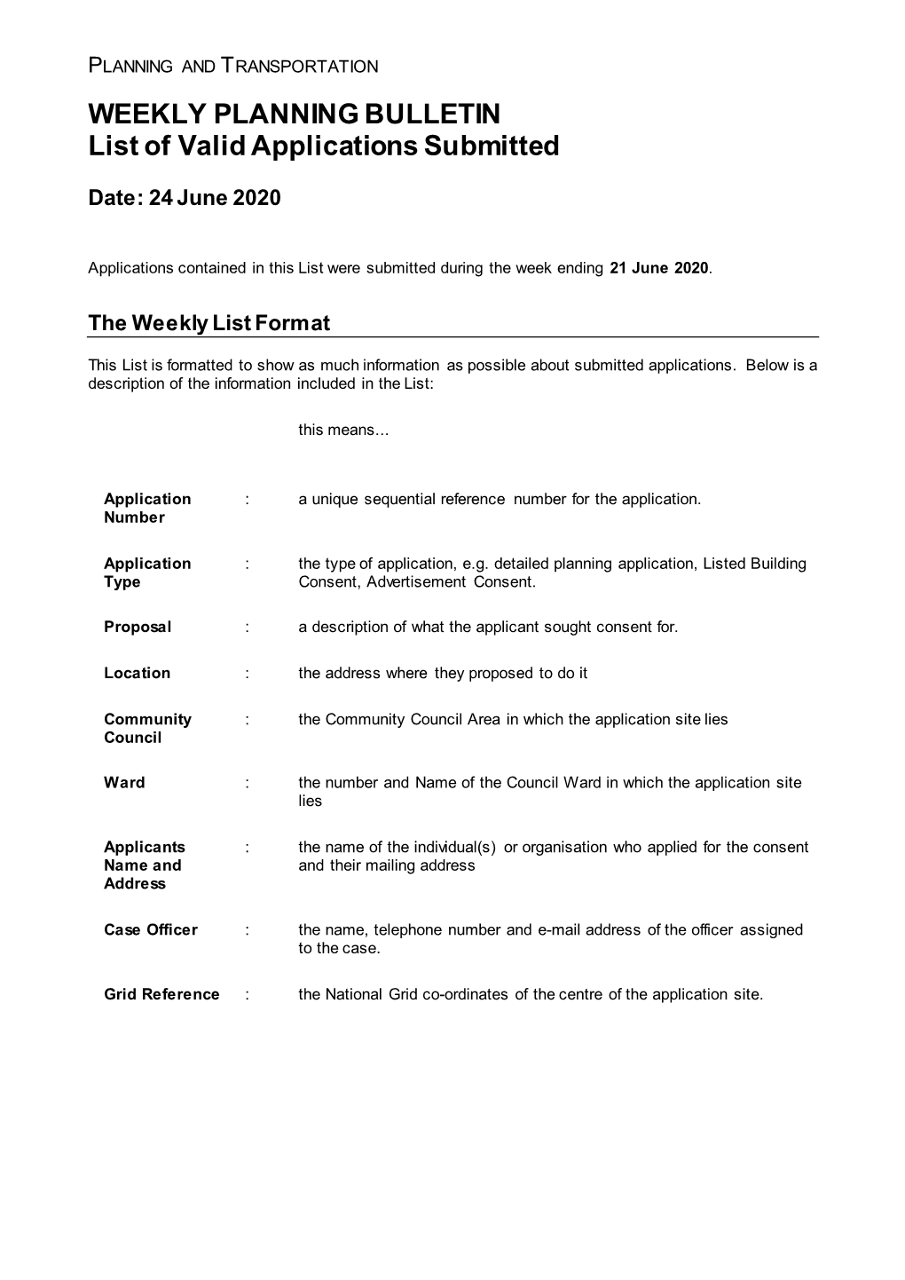 Planning Application Received 21 June 2020