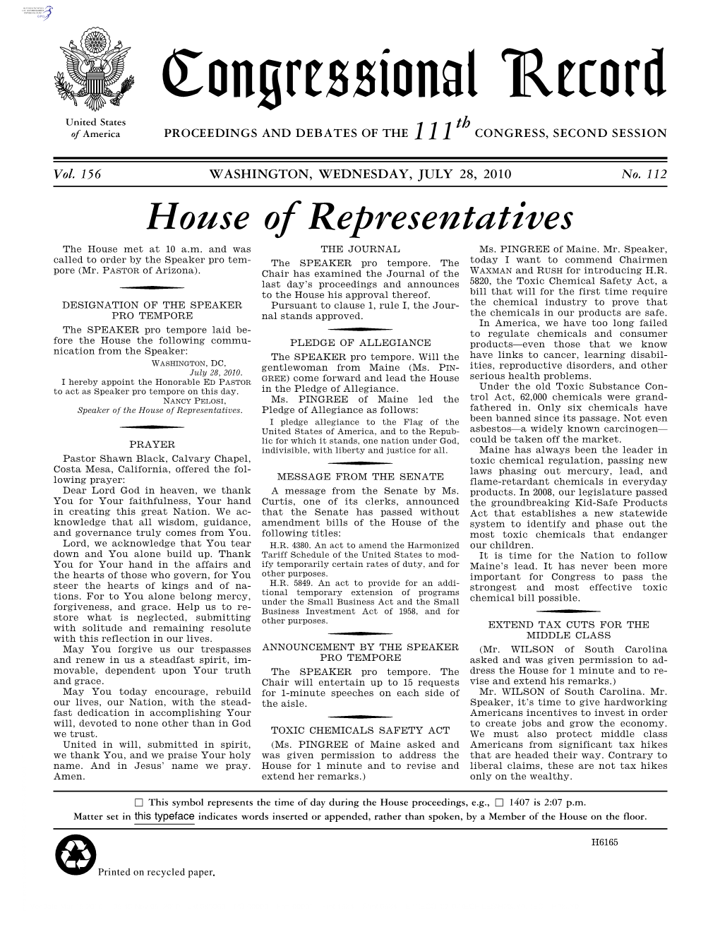 Congressional Record United States Th of America PROCEEDINGS and DEBATES of the 111 CONGRESS, SECOND SESSION