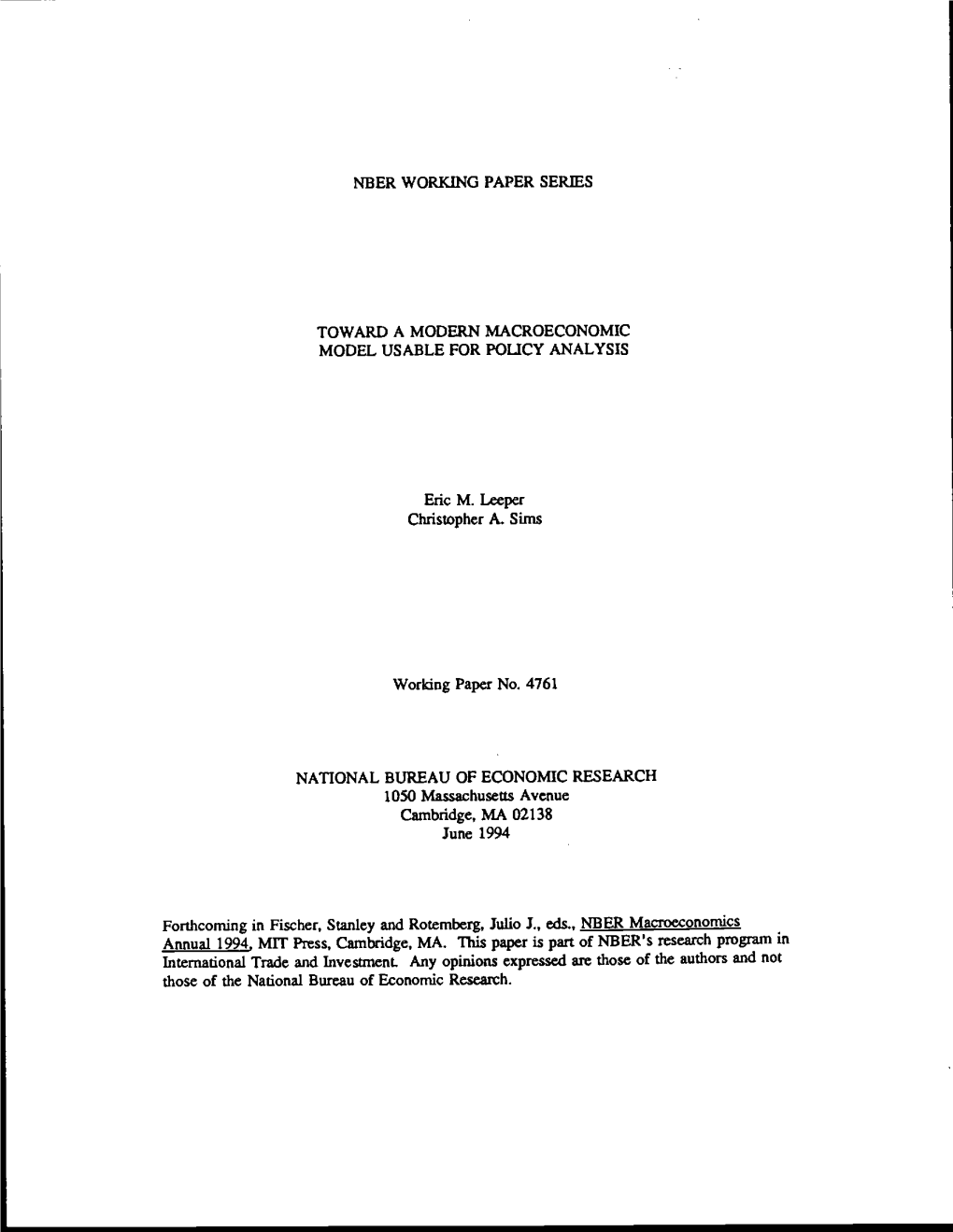 NBER WORKII4G PAPER SERS Christopher A. Sims Forthcoming In