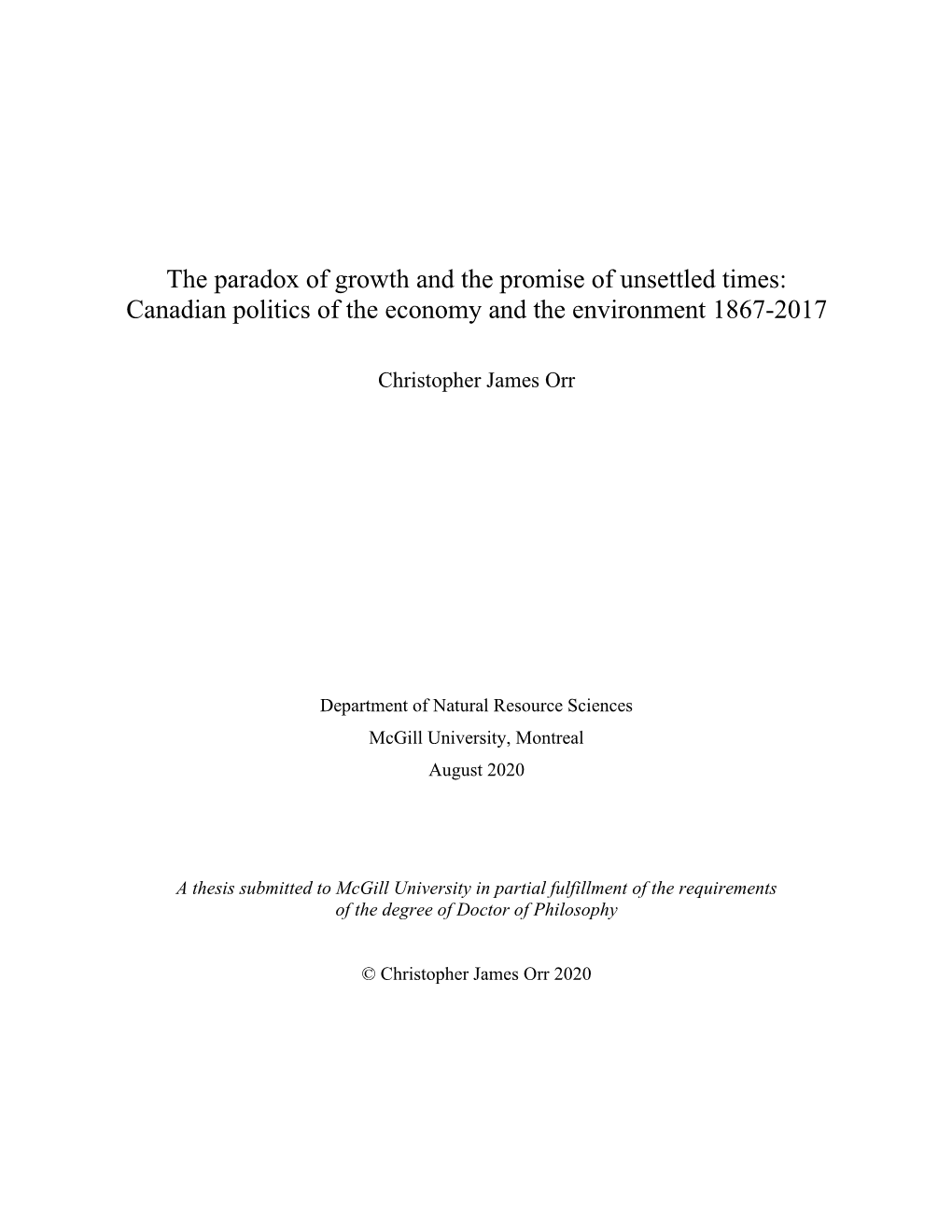 Canadian Politics of the Economy and the Environment 1867-2017