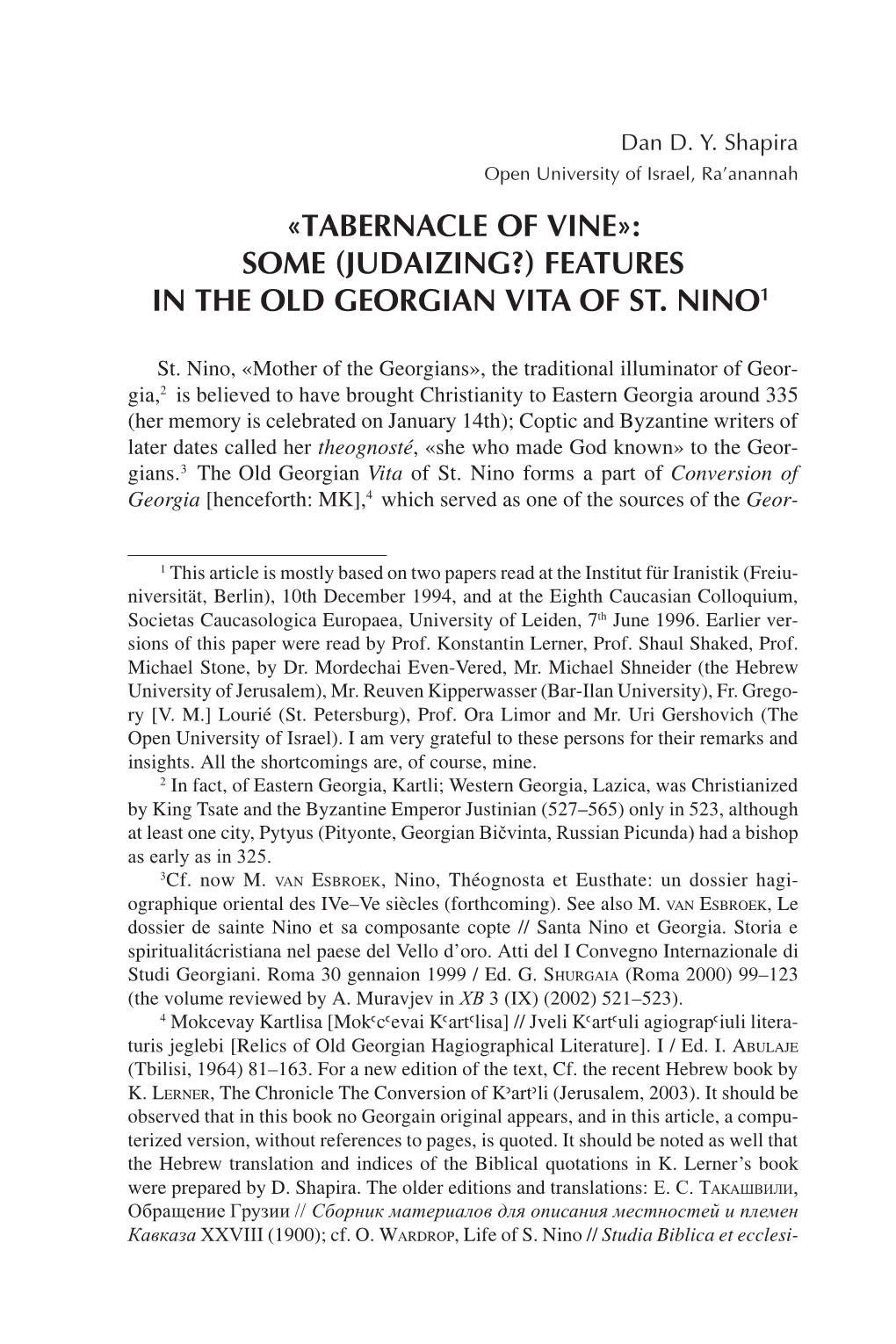 Tabernacle of Vineª: Some (Judaizing?) Features in the Old Georgian Vita of St