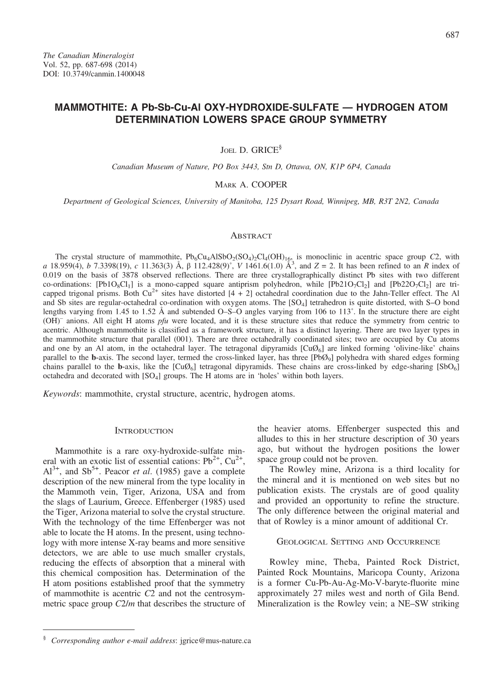 MAMMOTHITE: a Pb-Sb-Cu-Al OXY-HYDROXIDE-SULFATE — HYDROGEN ATOM DETERMINATION LOWERS SPACE GROUP SYMMETRY