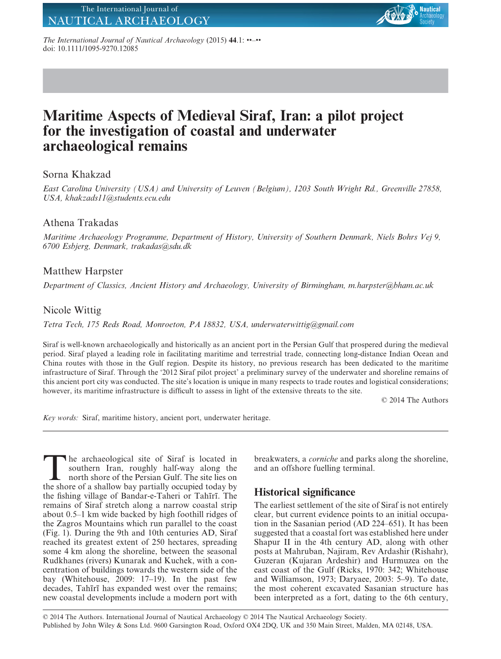 Maritime Aspects of Medieval Siraf, Iran: a Pilot Project for the Investigation of Coastal and Underwater Archaeological Remains