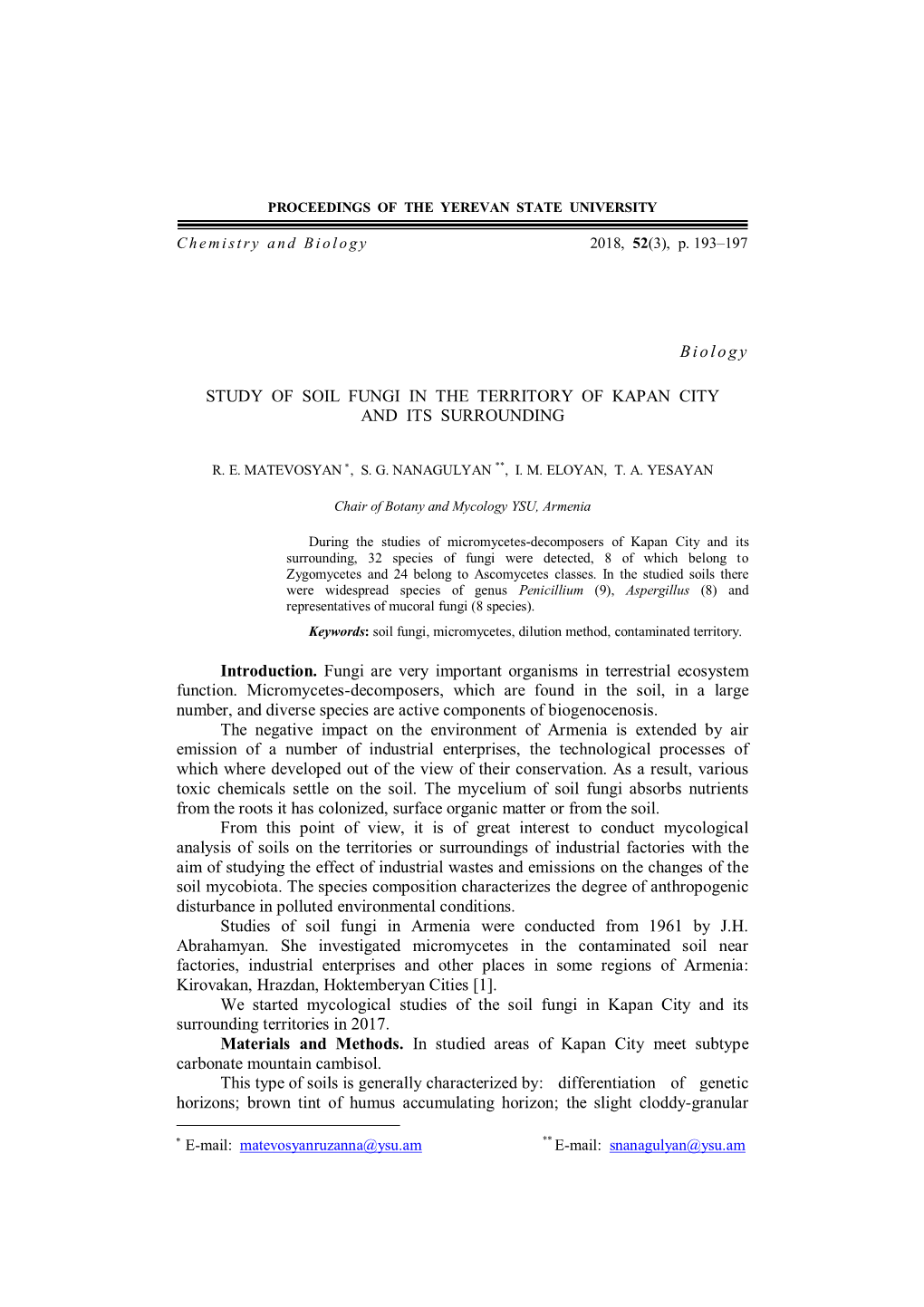 Study of Soil Fungi in the Territory of Kapan City and Its Surrounding