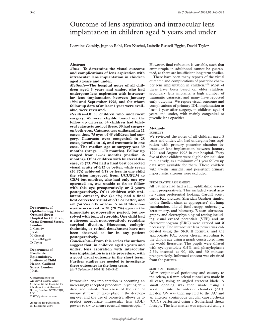 Outcome of Lens Aspiration and Intraocular Lens Implantation in Children Aged 5 Years and Under