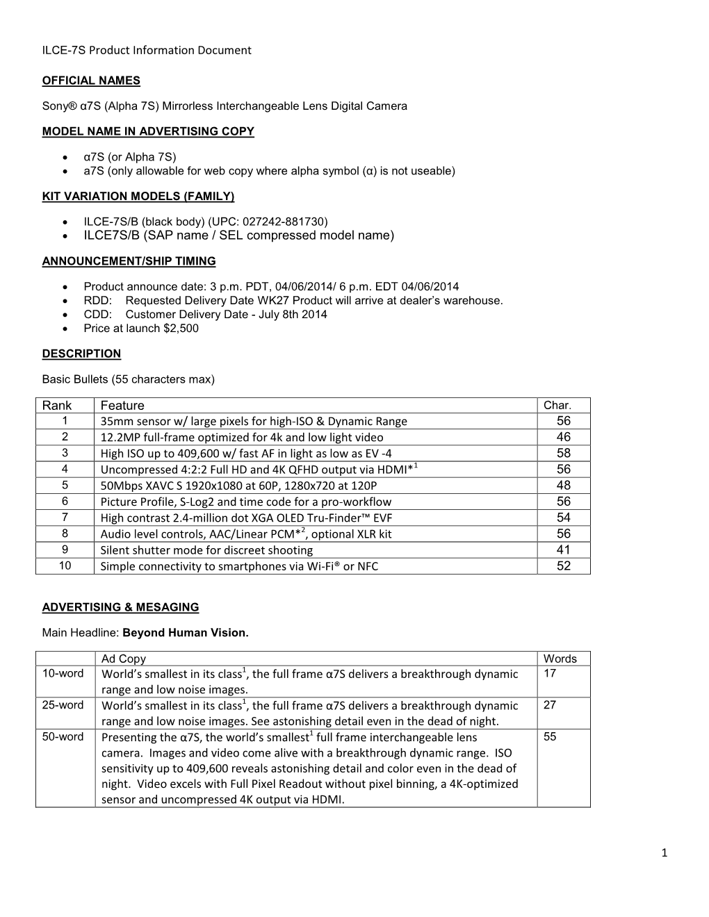 ILCE-7S Product Information Document • ILCE7S/B