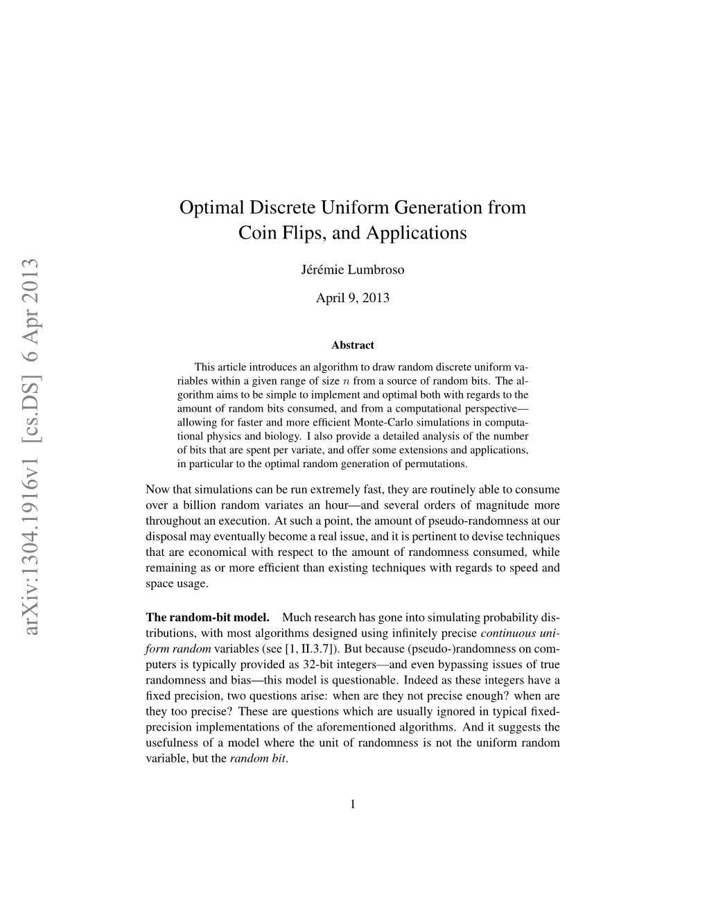 Optimal Discrete Uniform Generation from Coin Flips, and Applications