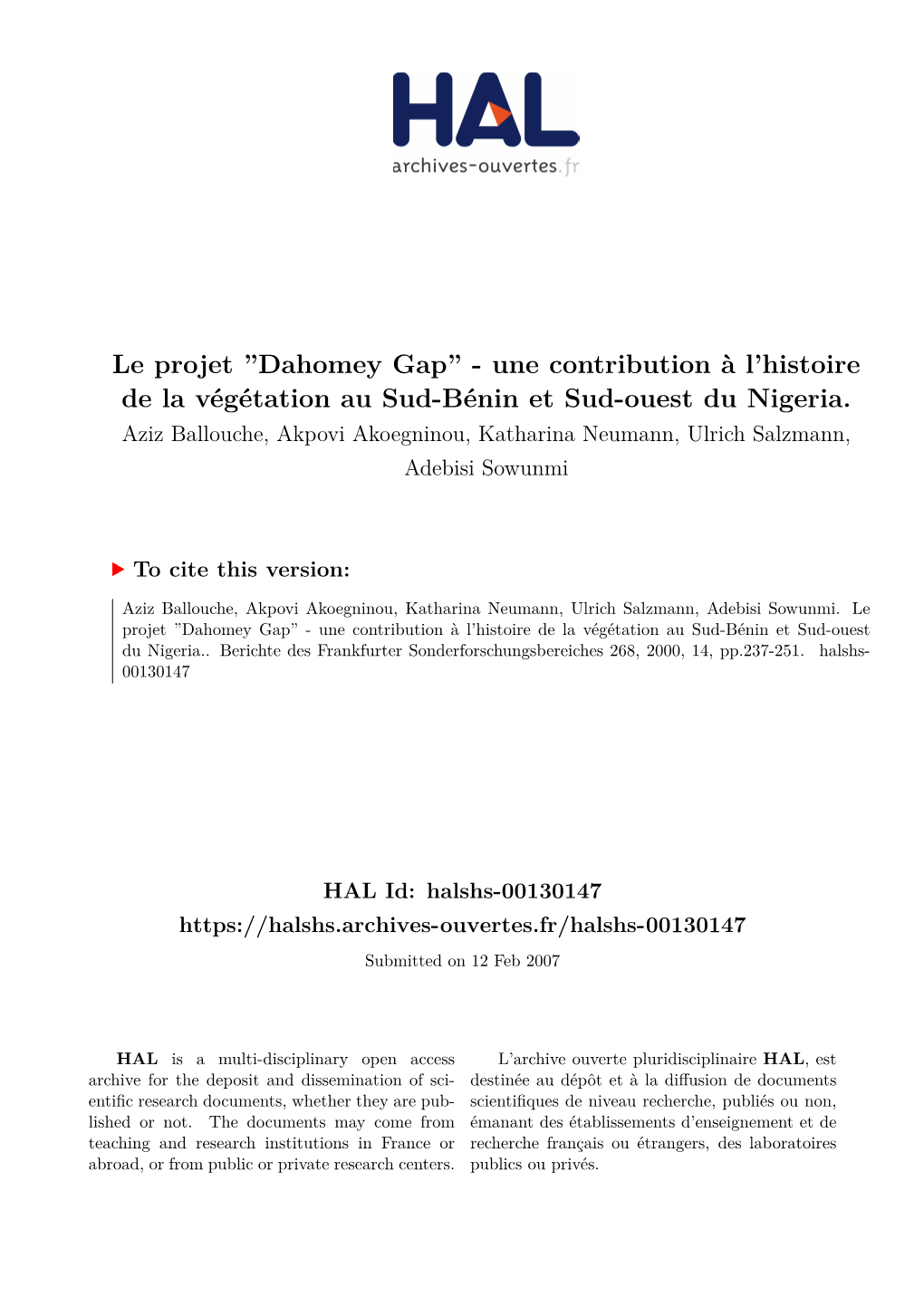 Dahomey Gap” - Une Contribution À L’Histoire De La Végétation Au Sud-Bénin Et Sud-Ouest Du Nigeria